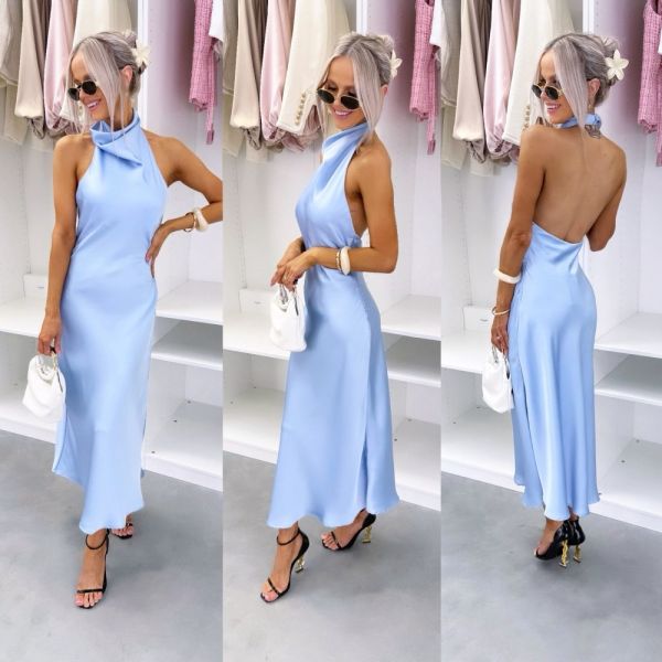 Blue Silky Halterneck Dress