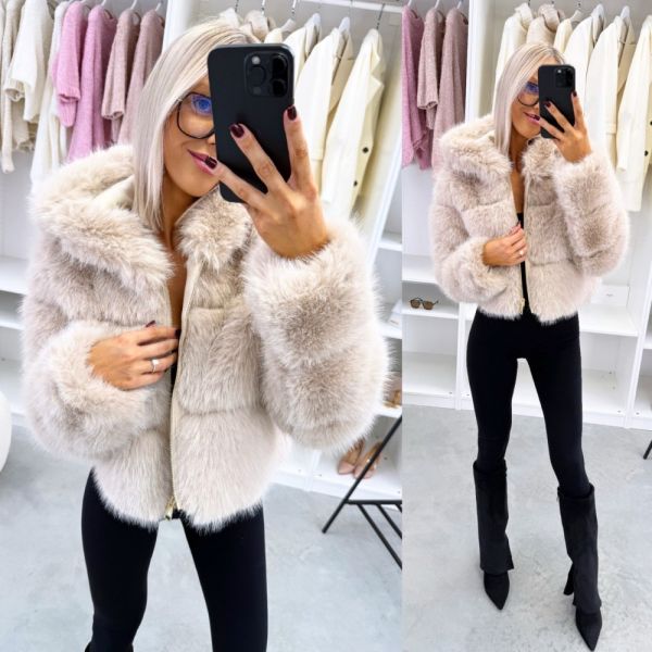 Beige Faux Fur Coat With Zip And Hood