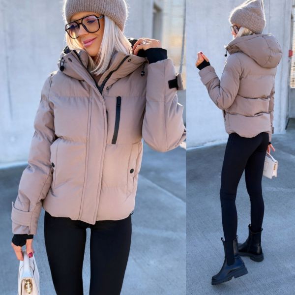 Taupe Fitted Winter Jacket With Hood