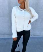 Light Beige Soft Sweater With Pearls And Rhinestones