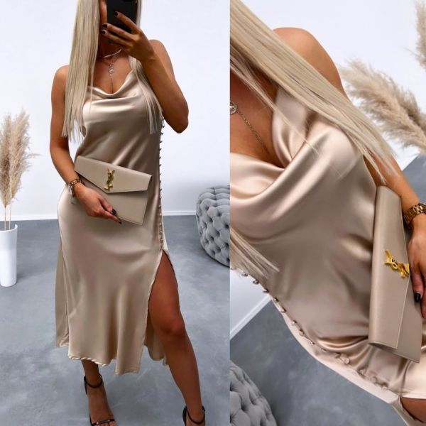 Beige Buttoned Side-slit Silky Dress