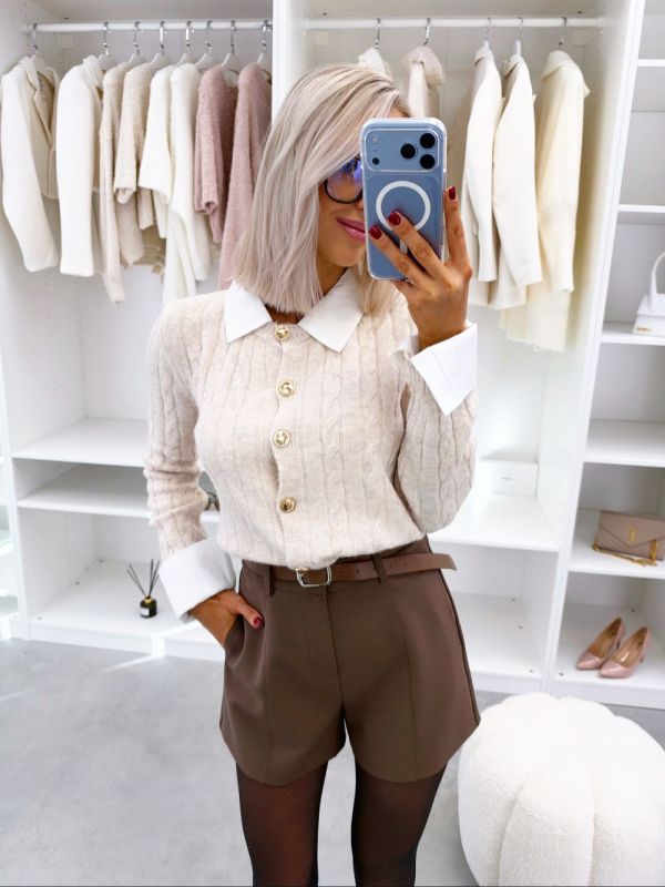 Beige Sweater With Gold-tone Buttons And A White Collar