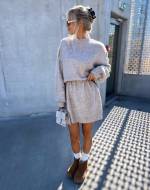 Light Beige Soft Knit Dress With Thin Leather Belt