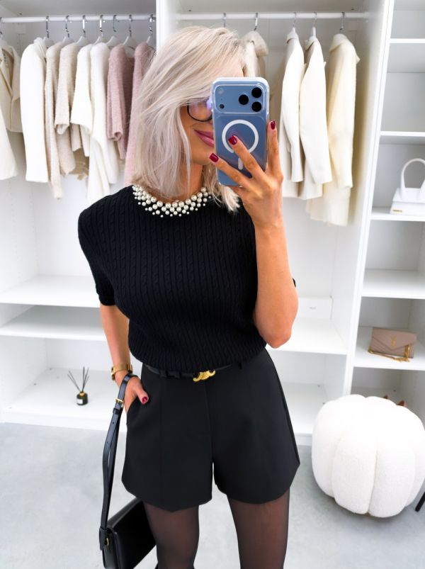 Black Stretch Sweater With Pearls