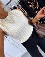 Light Beige Knitted Soft Vest Sweater With Pearls