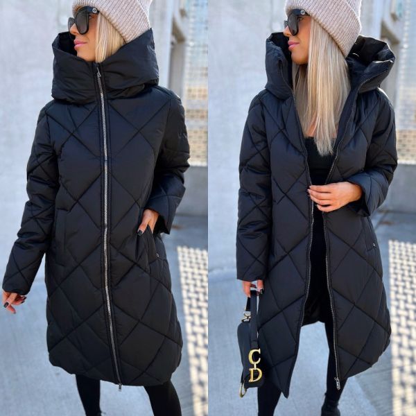 Black Quilted Light Winter Coat With High Collar