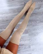 Beige Thigh Boots Made Of Stretch Fabric With A Block Heel