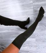 Black Thigh Boots Made Of Stretch Fabric With A Block Heel