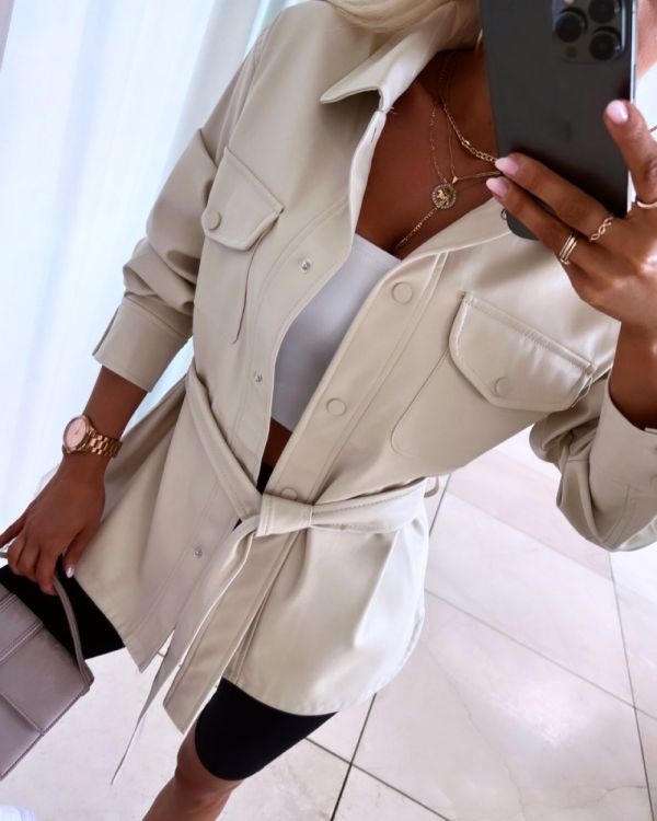 Beige Leather Snap Button Jacket