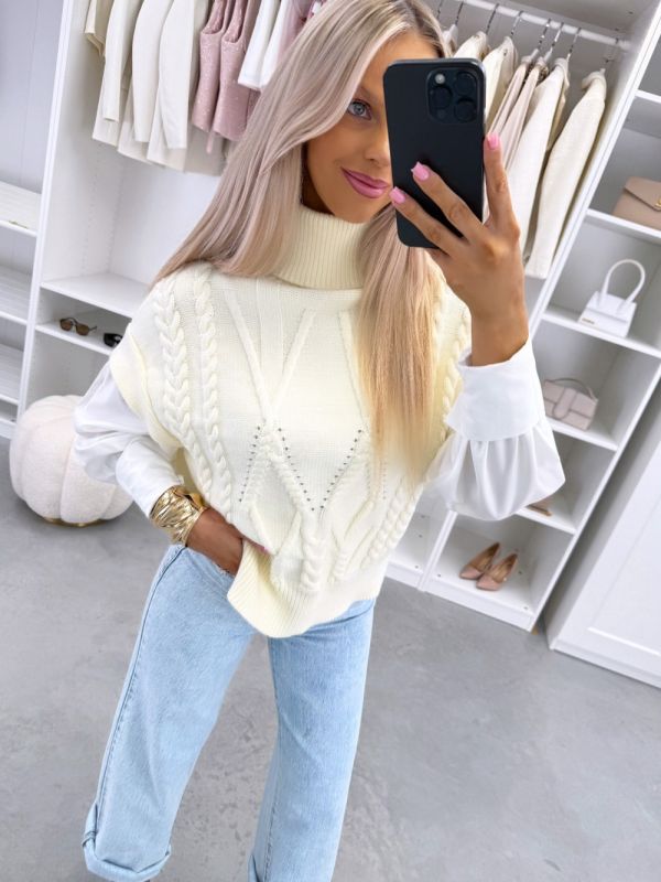 Светло-бежевый Белый вязаный жилет с подкладкой