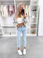 Голубой Мягкие и удобные джинсы Mom Fit