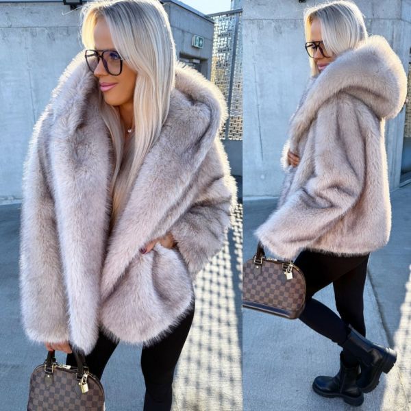 Taupe Luxurious Faux Fur Coat With Hood