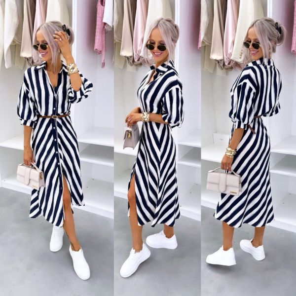 Navy Blue Striped Casual Dress With Belt