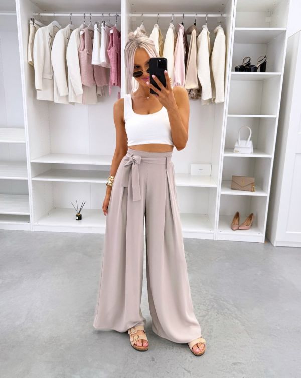 Taupe Flowing Tie-waist Trousers
