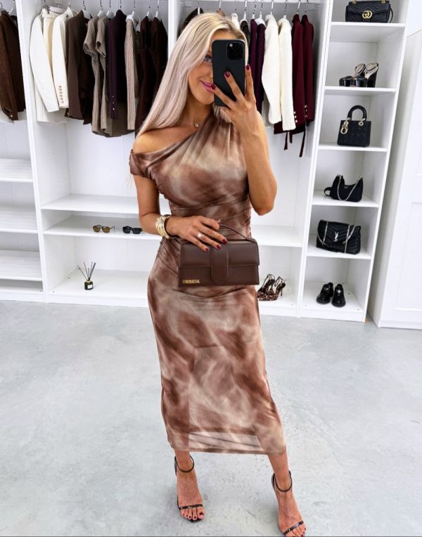 Brown Ruched Waist Stretch Midi Dress