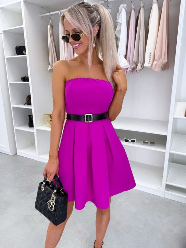 Dark Purple Belted Flared Dress With Pockets