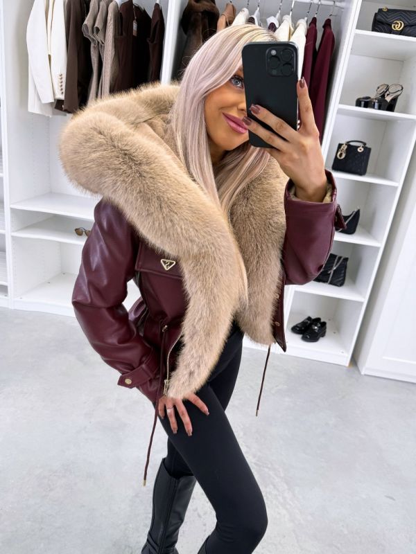 Dark Red Adjustable Waist Parka With Luxe Faux Fur