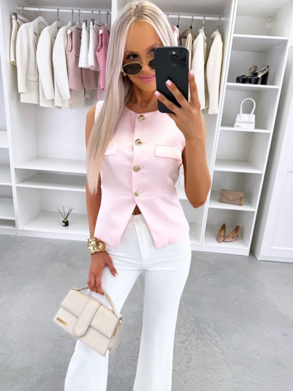Light Pink Satin Waistcoat With Gold-tone Buttons