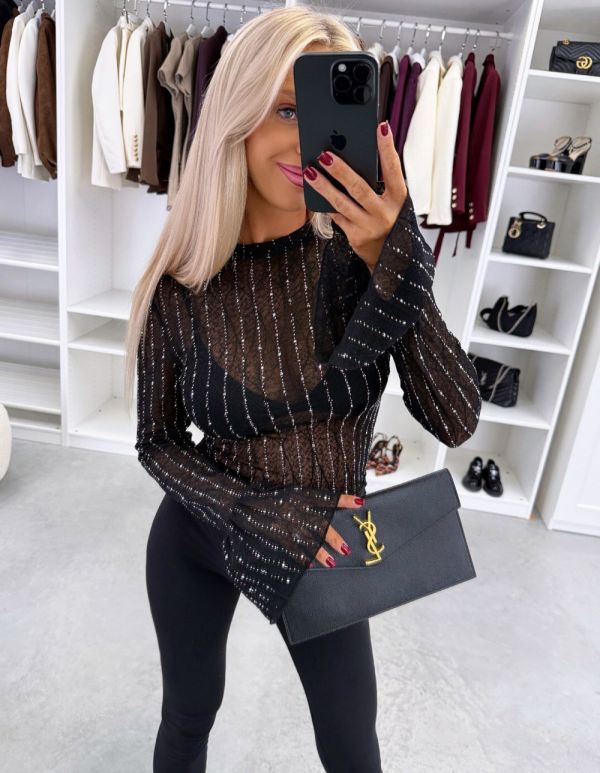 Black Stretch Top With Rhinestone Details