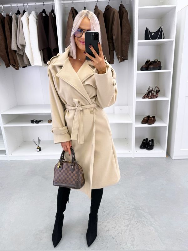 Beige Tie-front Coat With Pockets