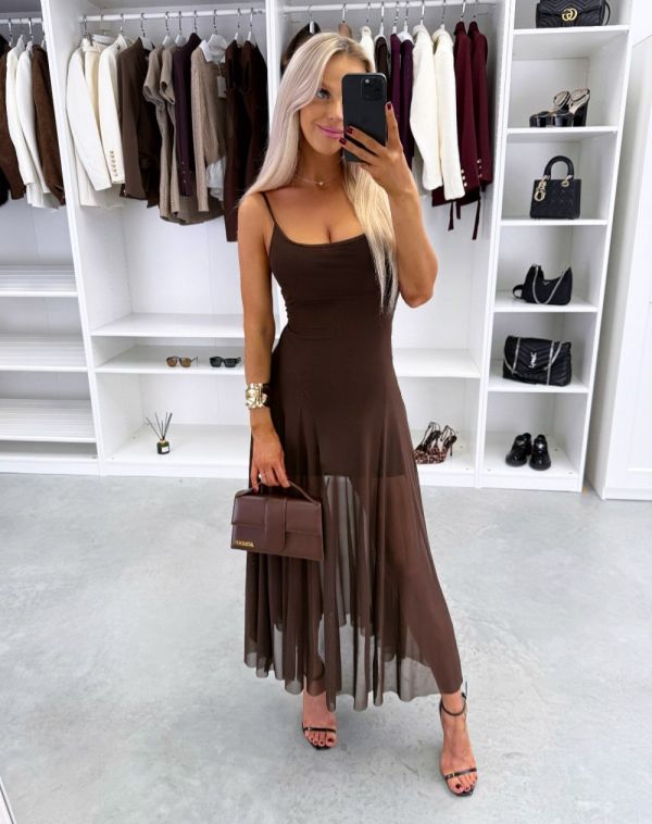 Brown Stretch Midi Dress With Lining