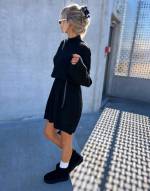 Black Soft Knit Dress With Thin Leather Belt