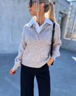 Grey Comfortable Sweater With White Collar